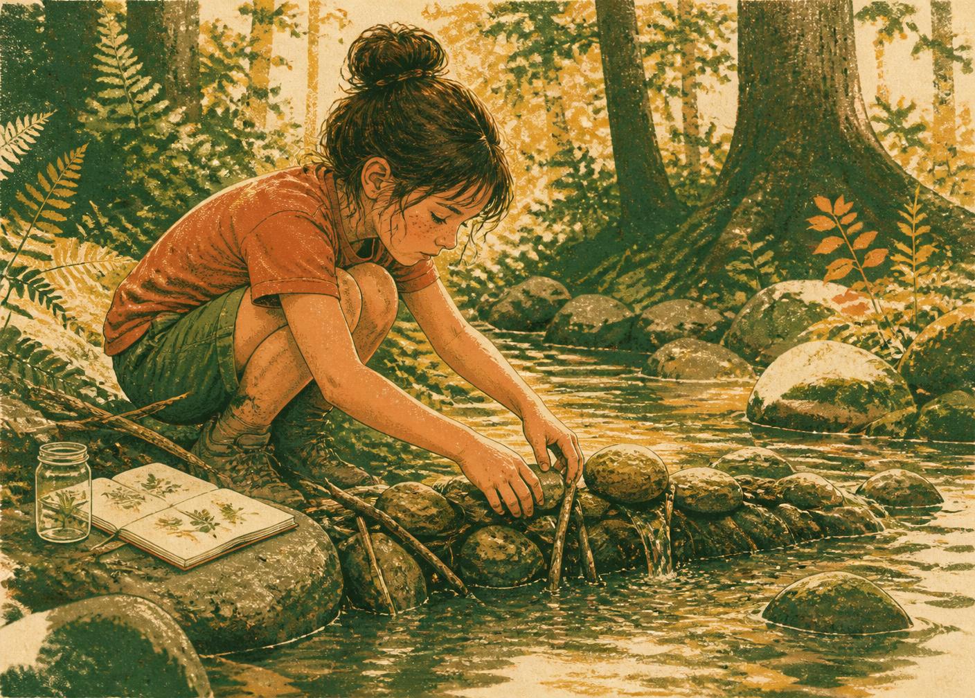 A child building a small dam of stones in a woodland stream, sketchbook open beside her